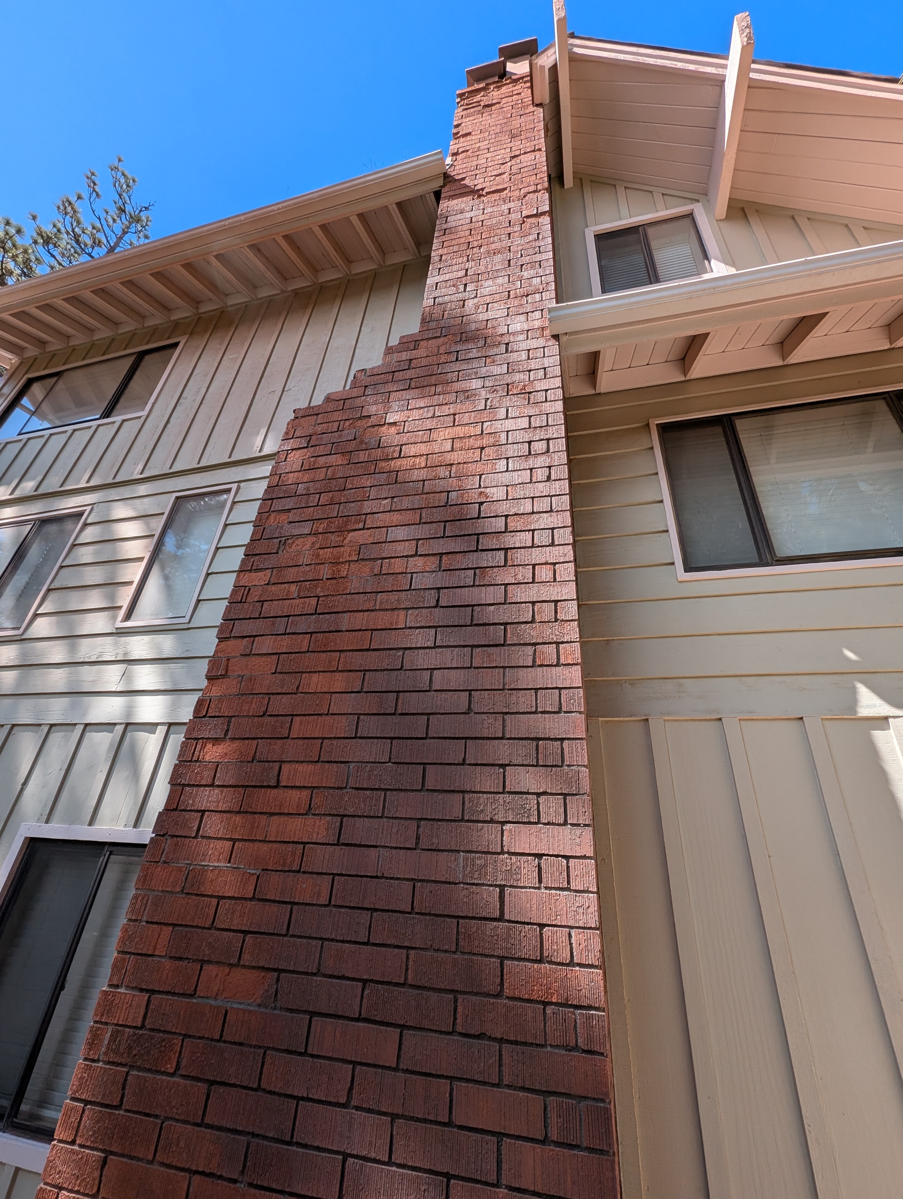 Restored brick chimney exterior after sandblasting, Big Bear CA