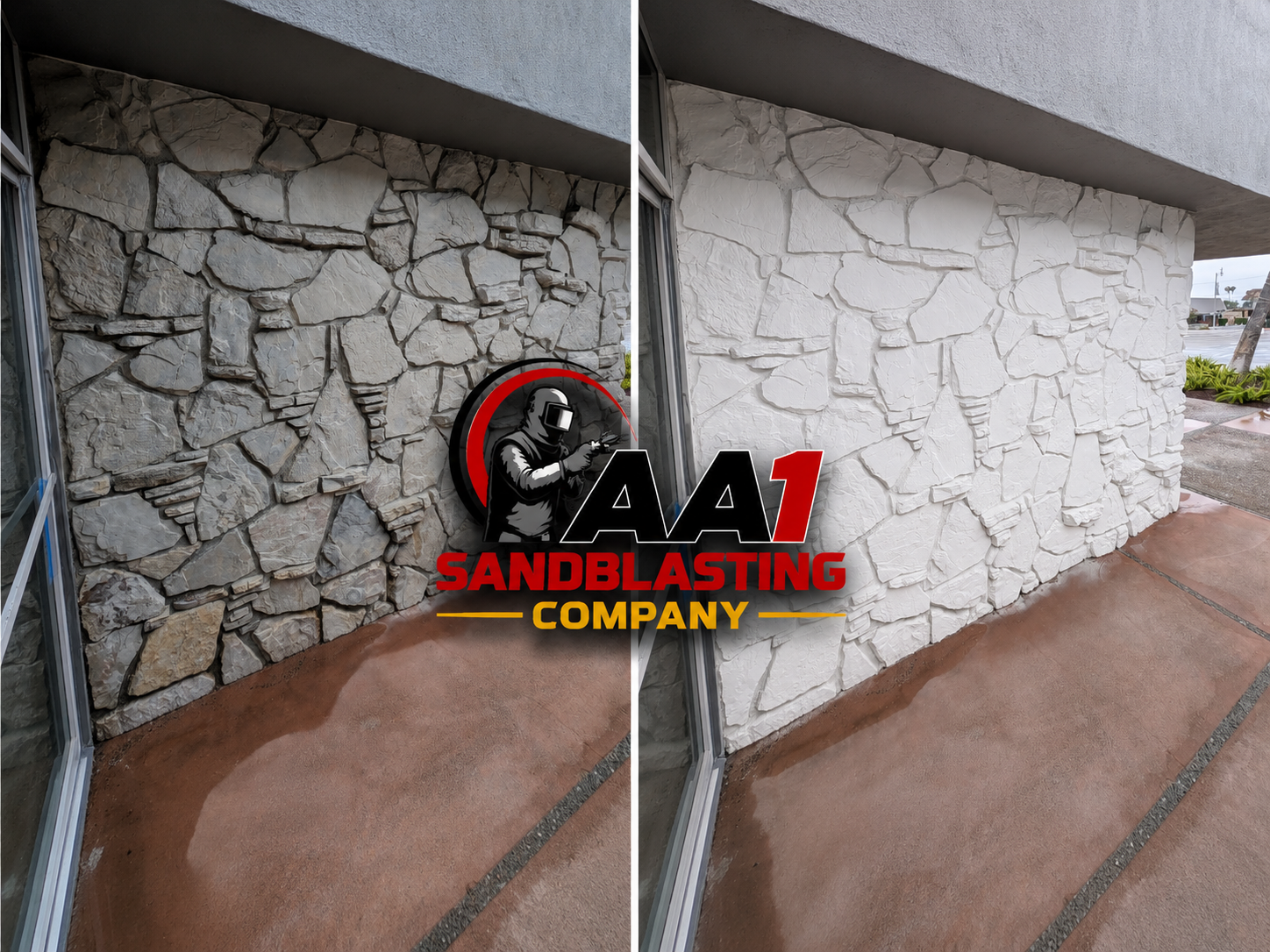 AA1 Sandblasting crew working on stone facade at night, Costa Mesa CA