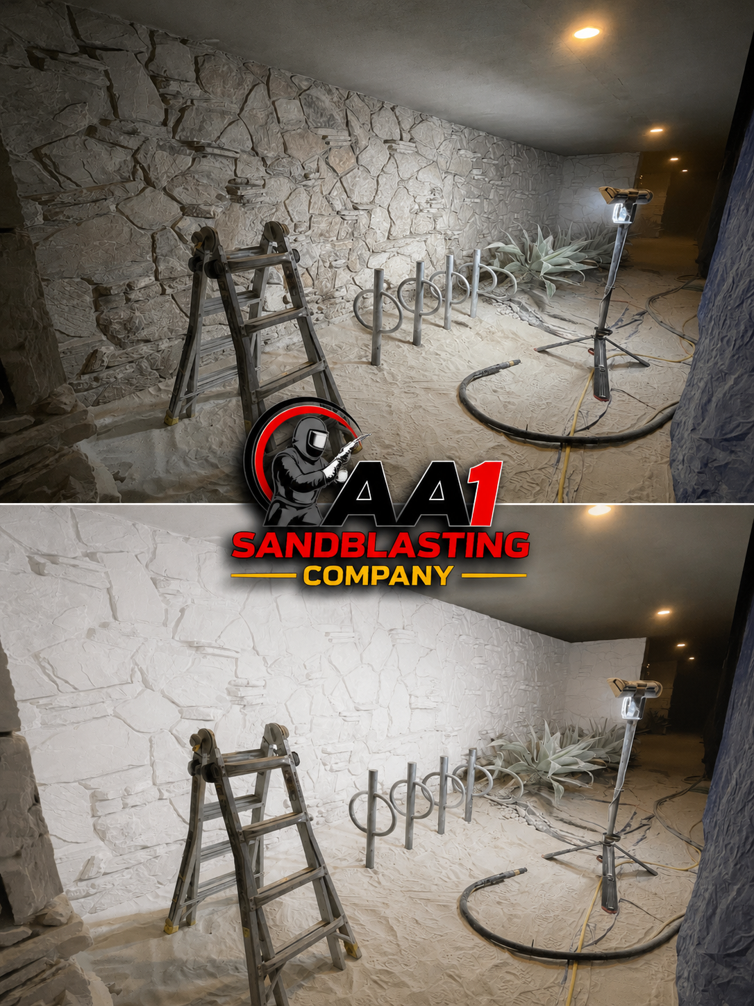 Interior stone walls before and after abrasive blasting, Costa Mesa CA